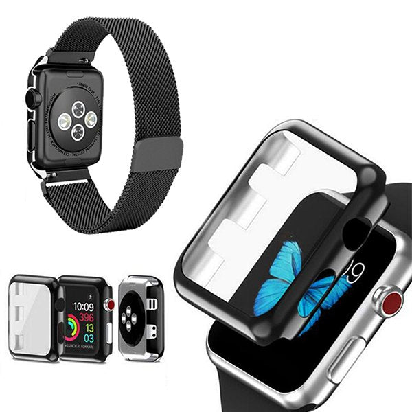 Kit Bracelete Milanese Loop Fecho Magnético + Capa Anti-Impacto para Apple Watch Series 7 - 41mm - Preto