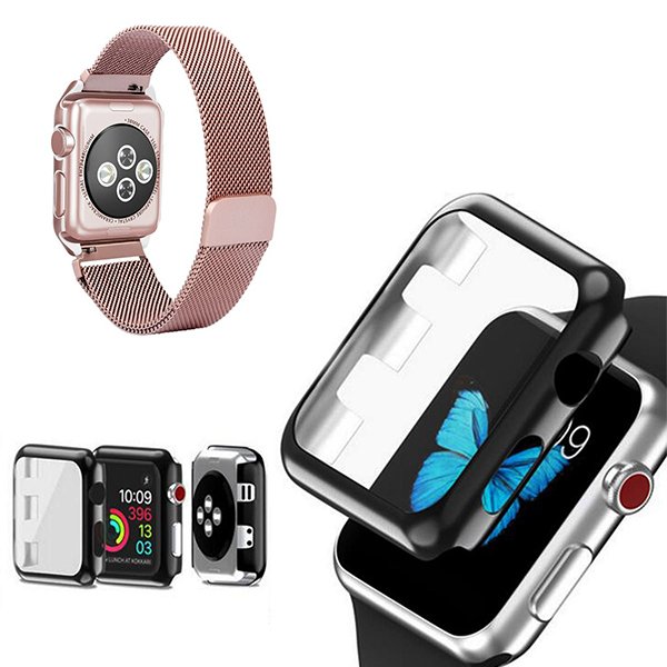 Kit Bracelete Milanese Loop Fecho Magnético + Capa Anti-Impacto para Apple Watch Series 7 - 41mm - Rosa