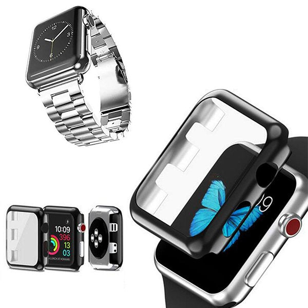 Kit Bracelete Aço Stainless Lux + Ferramenta + Capa Anti-Impacto para Apple Watch Series 7 - 41mm - Cinza