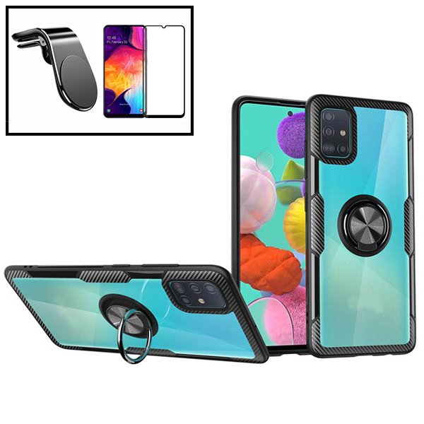 Kit Capa 3x1 Clear Armor + Vidro Premium Full Cover + Suporte Magnético L Safe Driving Carro para Samsung Galaxy M30