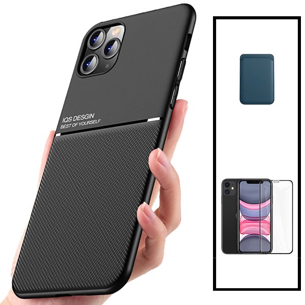 Kit Capa Magnetic Lux + Magnetic Wallet Azul + 5D Full Cover para Apple iPhone 13 Pro Max