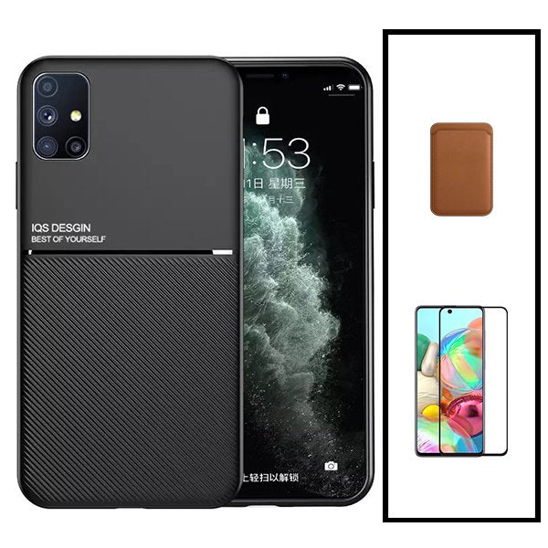 Kit Capa Magnetic Lux + Magnetic Wallet Castanho + 5D Full Cover para Samsung Galaxy A31