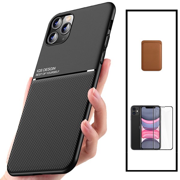 Kit Capa Magnetic Lux + Magnetic Wallet Castanho + 5D Full Cover para Apple iPhone 11 Pro