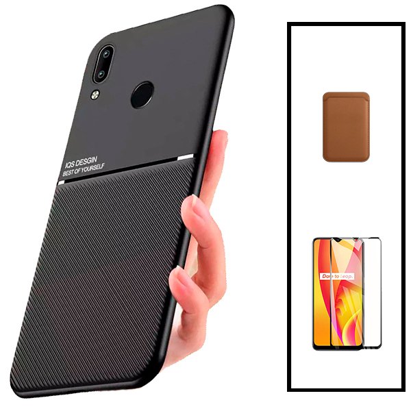 Kit Capa Magnetic Lux + Magnetic Wallet Castanho + 5D Full Cover para Huawei P Smart 2019
