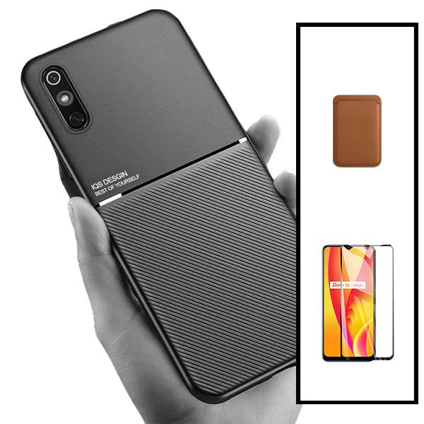 Kit Capa Magnetic Lux + Magnetic Wallet Castanho + 5D Full Cover para Xiaomi Redmi 9A