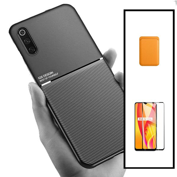 Kit Capa Magnetic Lux + Magnetic Wallet Laranja + 5D Full Cover para Samsung Galaxy A50