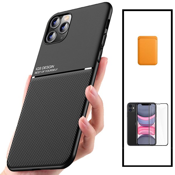 Kit Capa Magnetic Lux + Magnetic Wallet Laranja + 5D Full Cover para Apple iPhone 12 Pro