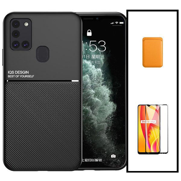 Kit Capa Magnetic Lux + Magnetic Wallet Laranja + 5D Full Cover para Samsung Galaxy M30s