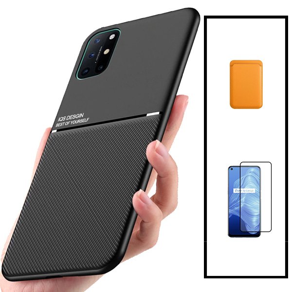 Kit Capa Magnetic Lux + Magnetic Wallet Laranja + 5D Full Cover para OnePlus 8T