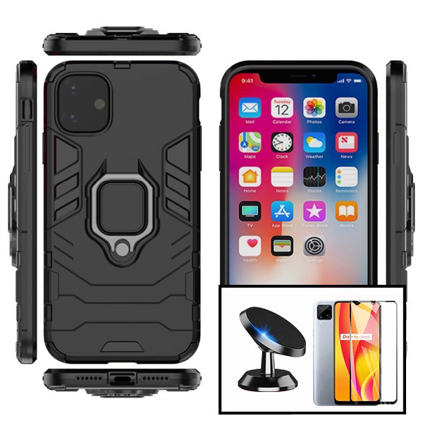 Kit Vidro Premium Full Cover + Capa 3X1 Military Defender + Suporte Magnético de Carro para Xiaomi Redmi 9 Activ