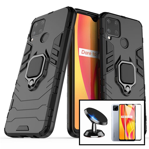 Kit Vidro Premium Full Cover + Capa 3X1 Military Defender + Suporte Magnético de Carro para Realme C15
