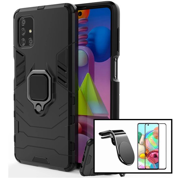 Kit Vidro Premium Full Cover + Capa 3X1 Military Defender + Suporte Magnético L Safe Driving Carro para Samsung Galaxy M51