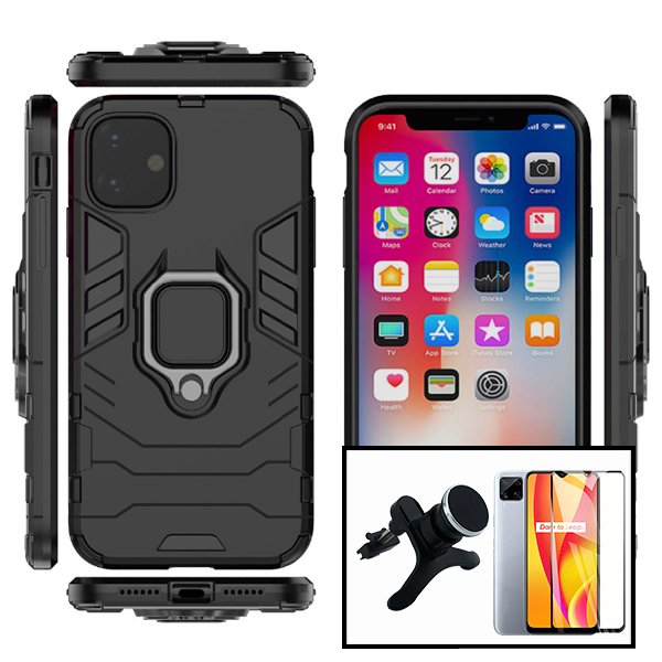 Kit Vidro Premium Full Cover + Capa 3X1 Military Defender + Suporte Magnético de Carro Reforçado para Xiaomi Redmi 9 Activ