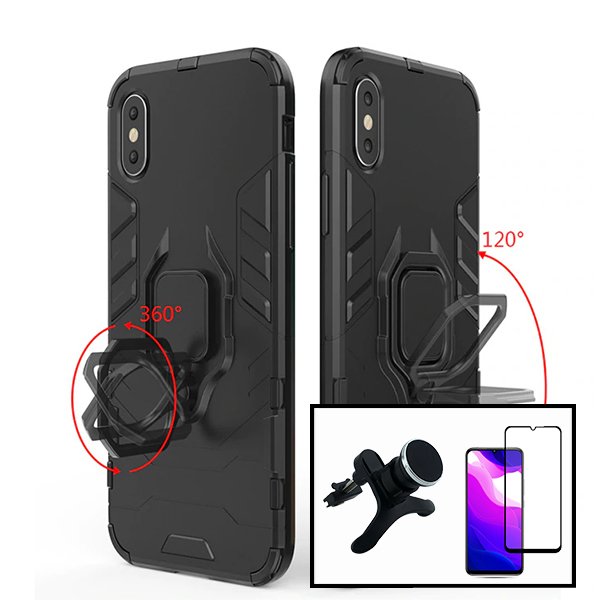 Kit Vidro Premium Full Cover + Capa 3X1 Military Defender + Suporte Magnético de Carro Reforçado para Xiaomi Redmi 9A Sport