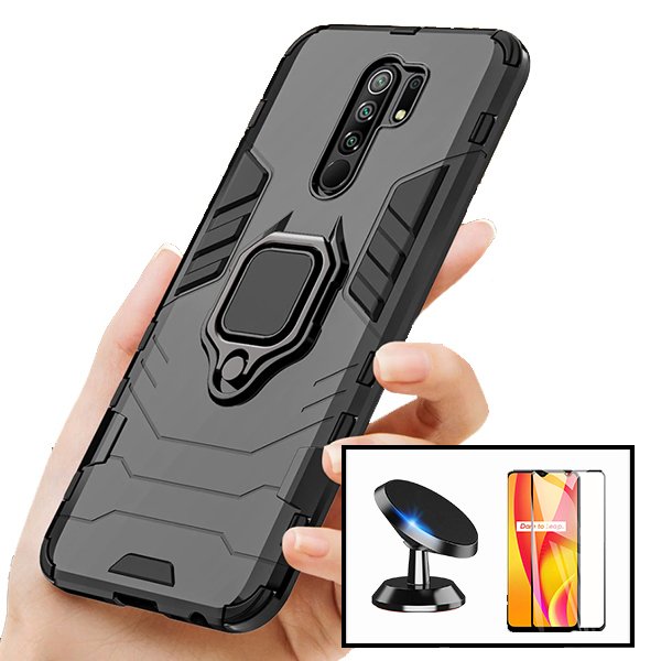 Kit Vidro Premium Full Cover + Capa 3X1 Military Defender + Suporte Magnético de Carro para Xiaomi Redmi 9