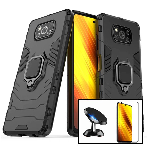 Kit Vidro Premium Full Cover + Capa 3X1 Military Defender + Suporte Magnético de Carro para Xiaomi Poco X3 Pro