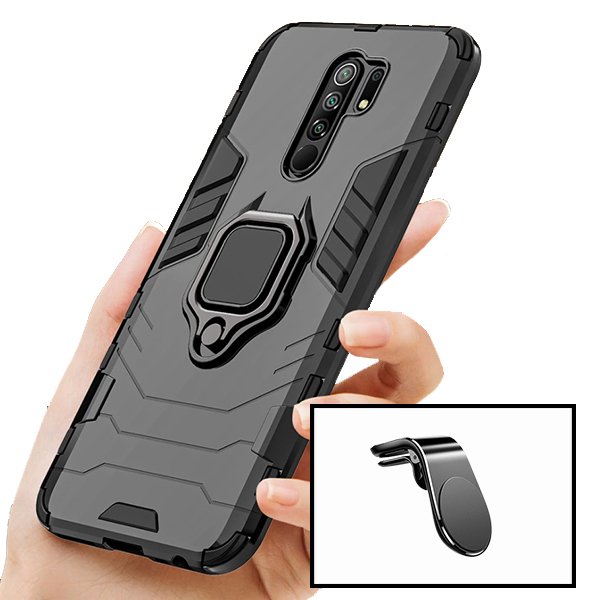 Kit Suporte Magnético L Safe Driving Carro + Capa 3X1 Military Defender para Xiaomi Redmi 9 Prime