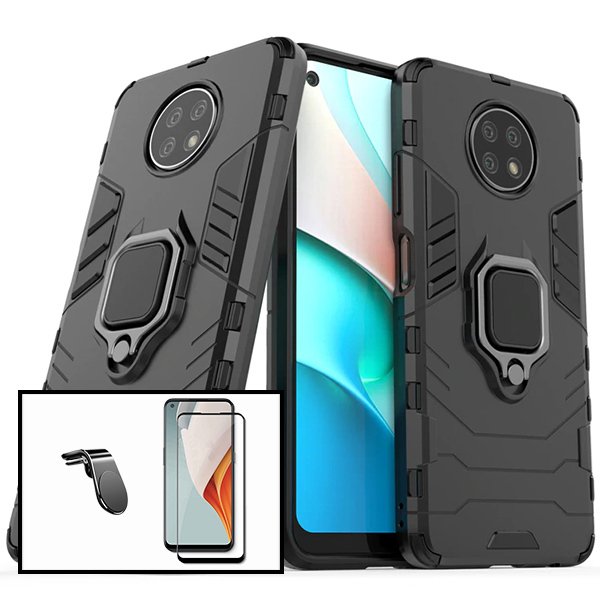 Kit Vidro Premium Full Cover + Capa 3X1 Military Defender + Suporte Magnético L Safe Driving Carro para Xiaomi Redmi Note 9 5G
