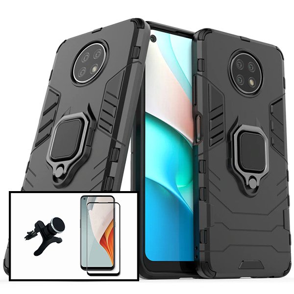 Kit Vidro Premium Full Cover + Capa 3X1 Military Defender + Suporte Magnético de Carro Reforçado para Xiaomi Poco M3