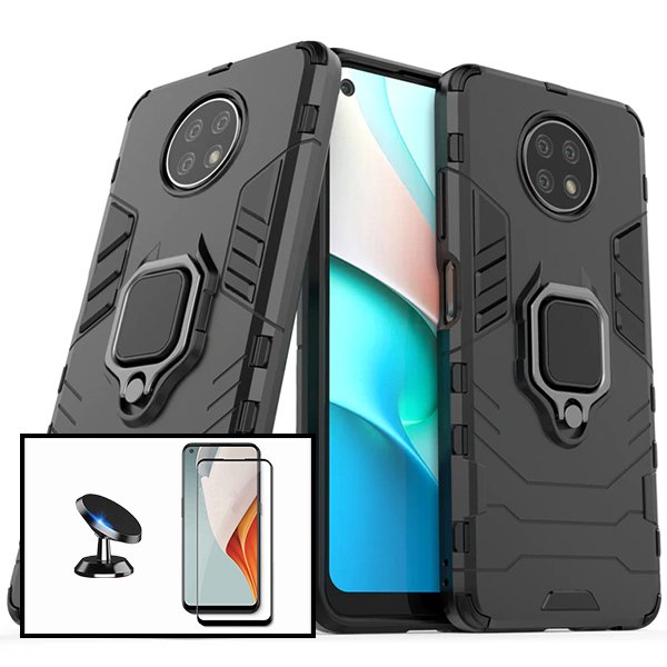 Kit Vidro Premium Full Cover + Capa 3X1 Military Defender + Suporte Magnético de Carro para Xiaomi Redmi Note 9T