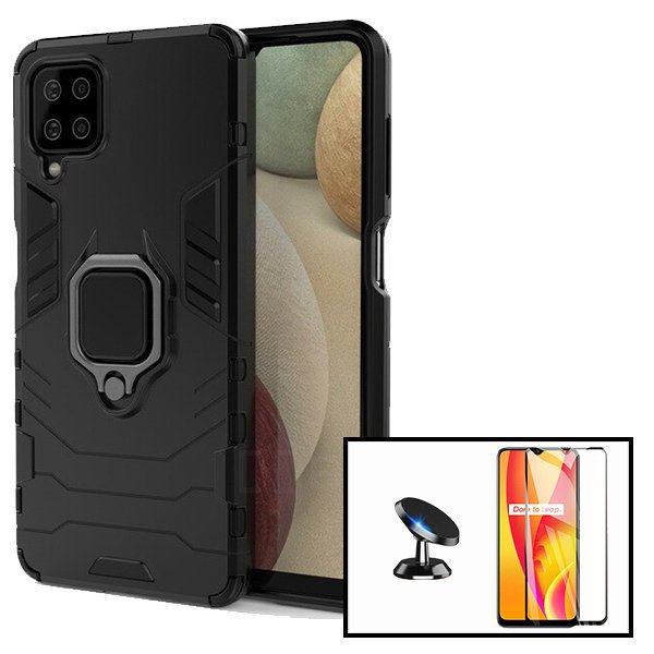 Kit Vidro Premium Full Cover + Capa 3X1 Military Defender + Suporte Magnético de Carro para Samsung Galaxy A12