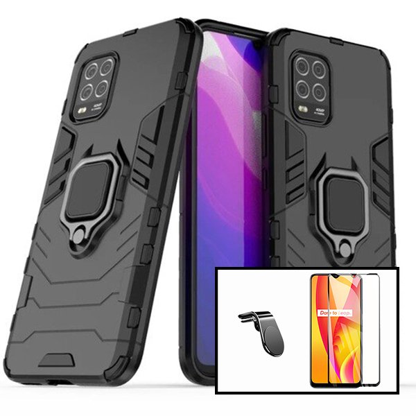 Kit Vidro Premium Full Cover + Capa 3X1 Military Defender + Suporte Magnético L Safe Driving Carro para Xiaomi Mi 10 Lite Zoom