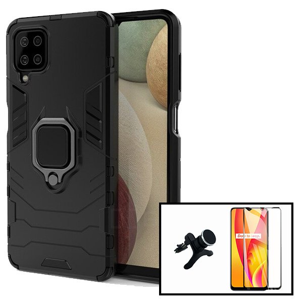 Kit Vidro Premium Full Cover + Capa 3X1 Military Defender + Suporte Magnético de Carro Reforçado para Samsung Galaxy M12
