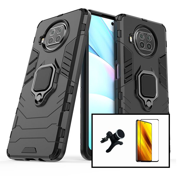 Kit Vidro Premium Full Cover + Capa 3X1 Military Defender + Suporte Magnético de Carro Reforçado para Xiaomi Mi 10T Lite 5G