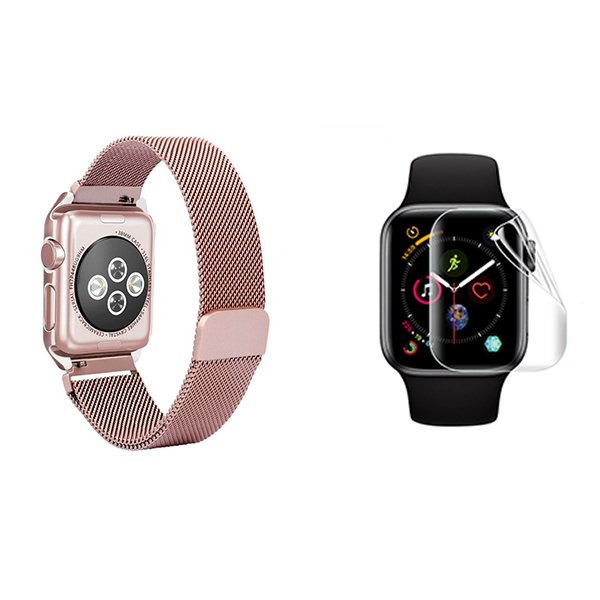 Kit Bracelete Milanese Loop Fecho Magnético + Película de Gel Full Cover para Apple Watch Series 7 - 41mm - Rosa