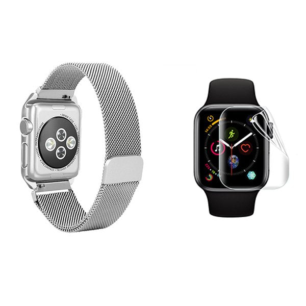 Kit Bracelete Milanese Loop Fecho Magnético + Película de Gel Full Cover para Apple Watch Edition Series 7 - 41mm - Cinza
