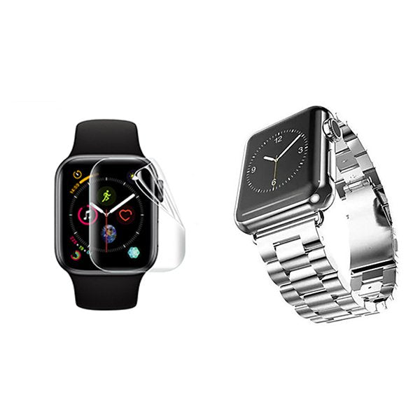 Kit Bracelete Aço Stainless Lux + Ferramenta + Película de Gel Full Cover PHONECARE Para Apple Watch Ultra 4 - Cinza / Transparente
