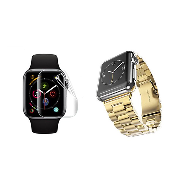 Kit Bracelete Aço Stainless Lux + Ferramenta + Película de Gel Full Cover PHONECARE Para Apple Watch Ultra 4 - Ouro / Transparente