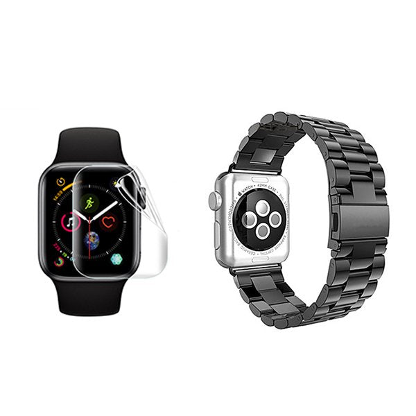 Kit Bracelete Aço Stainless Lux + Ferramenta + Película de Gel Full Cover PHONECARE Para Apple Watch Ultra 4 - Preto / Transparente