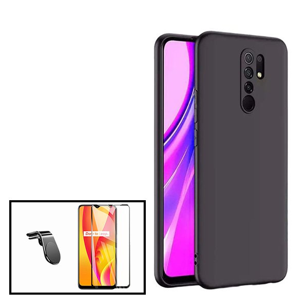 Kit Vidro Premium Full Cover + Capa Silicone Líquido + Suporte Magnético L Safe Driving Carro para Xiaomi Redmi 9 - Preto