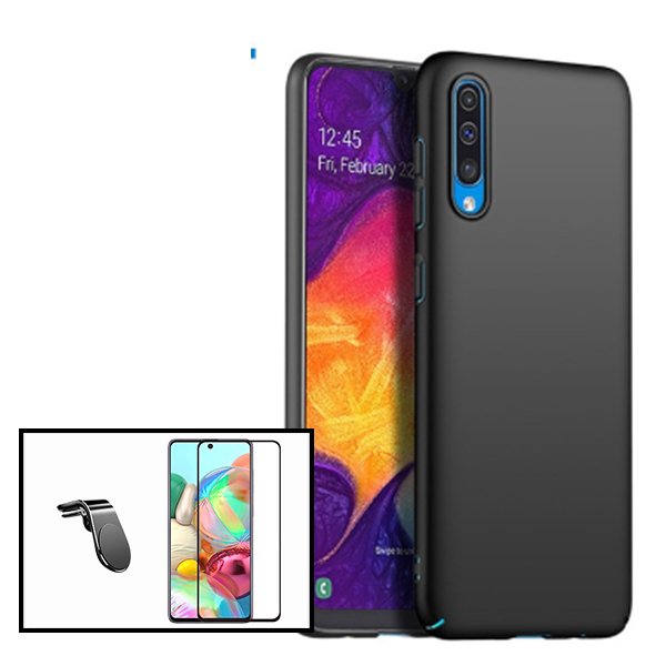 Kit Vidro Premium Full Cover + Capa Silicone Líquido + Suporte Magnético L Safe Driving Carro para Samsung Galaxy A50s - Preto