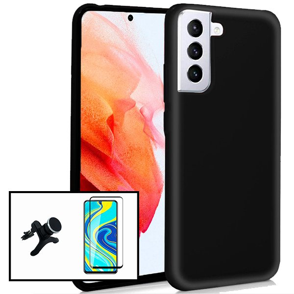 Kit Vidro Premium Full Cover + Capa Silicone Líquido + Suporte Magnético de Carro Reforçado para Samsung Galaxy S21 Ultra 5G - Preto
