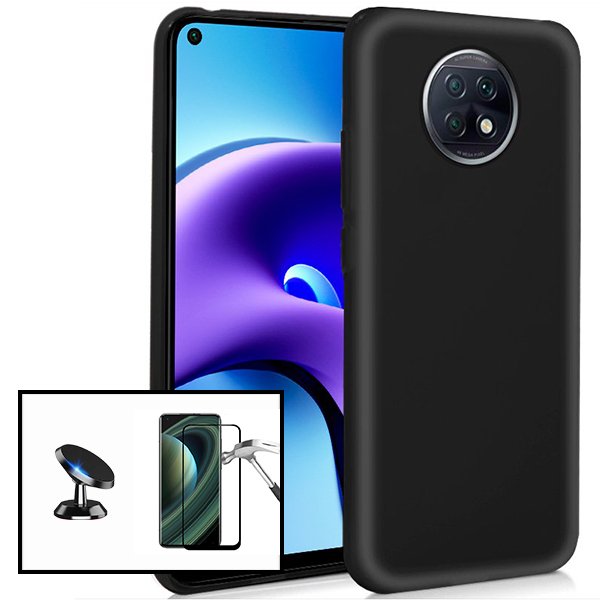 Kit Vidro Premium Full Cover + Capa Silicone Líquido + Suporte Magnético de Carro para Xiaomi Redmi Note 9T - Preto