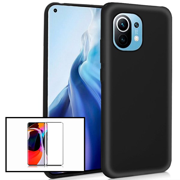 Kit Vidro Premium Full Cover + Capa Silicone Líquido para Xiaomi Mi 11 Lite 5G - Preto