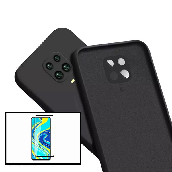 Kit Vidro Premium Full Cover + Capa Silicone Líquido para Xiaomi Redmi Note 9 Pro - Preto