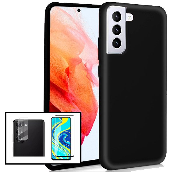 Kit Vidro Premium Full Cover + Película de Câmara Traseira + Capa Silicone Líquido para Samsung Galaxy S21+ 5G - Preto