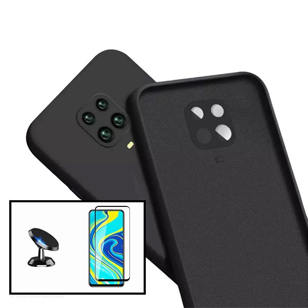 Kit Vidro Premium Full Cover + Capa Silicone Líquido + Suporte Magnético de Carro para Xiaomi Redmi Note 10 Lite - Preto