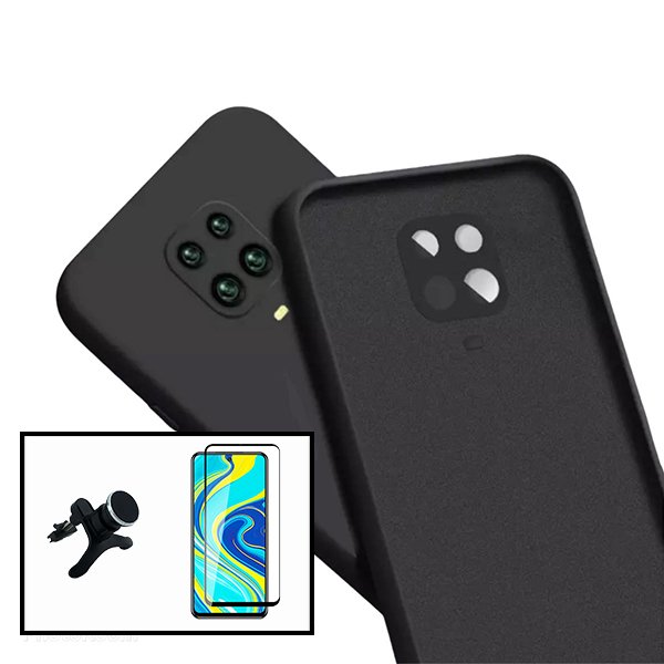 Kit Vidro Premium Full Cover + Capa Silicone Líquido + Suporte Magnético de Carro Reforçado para Xiaomi Redmi Note 10 Lite - Preto