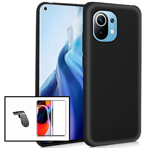 Kit Vidro Premium Full Cover + Capa Silicone Líquido + Suporte Magnético L Safe Driving Carro para Xiaomi Mi 11 - Preto