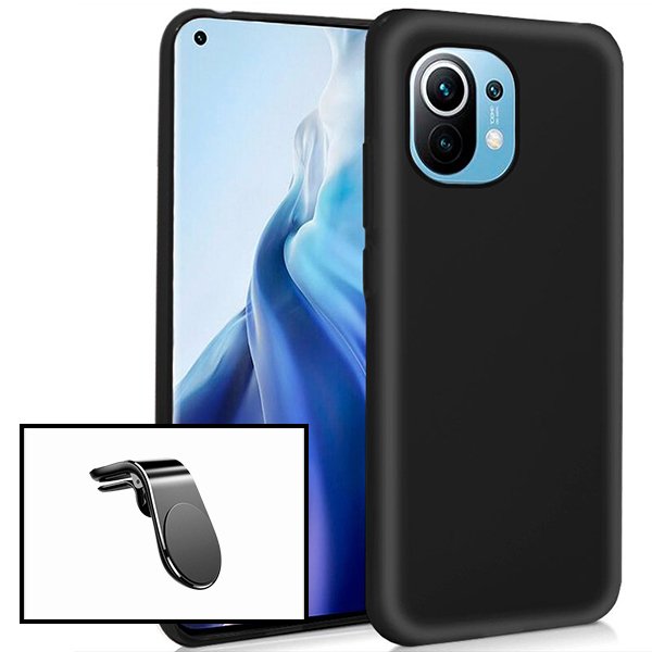 Kit Suporte Magnético L Safe Driving Carro + Capa Silicone Líquido para Xiaomi Mi 11 - Preto