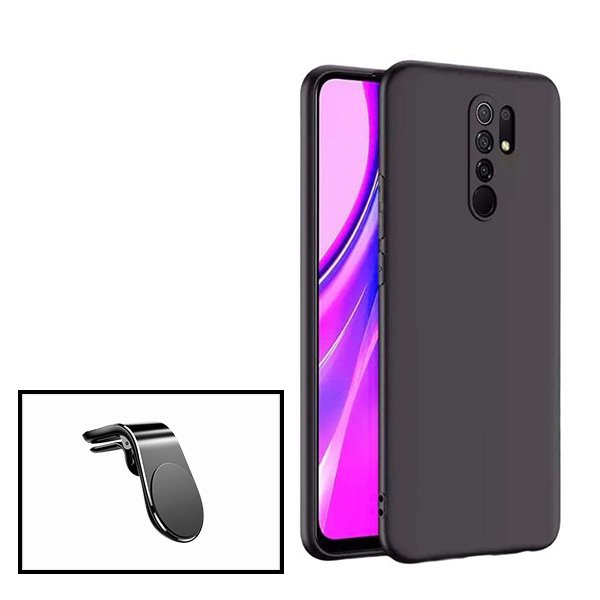 Kit Suporte Magnético L Safe Driving Carro + Capa Silicone Líquido para Xiaomi Poco M2 - Preto