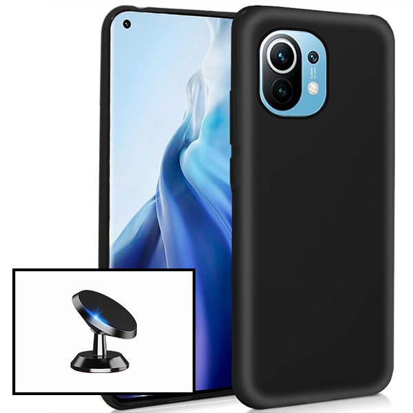 Kit Suporte Magnético de Carro + Capa Silicone Líquido para Xiaomi Mi 11 - Preto