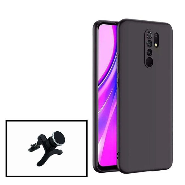 Kit Suporte Magnético Reforçado de Carro + Capa Silicone Líquido para Xiaomi Redmi 9 - Preto