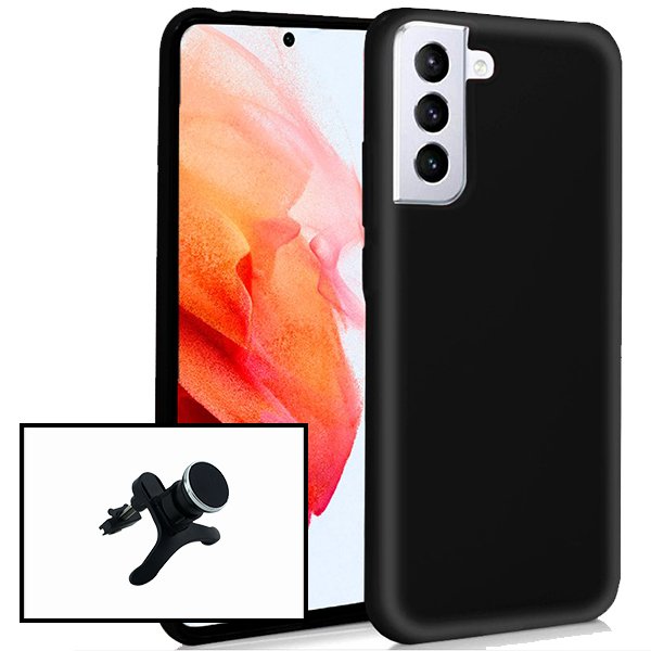 Kit Suporte Magnético Reforçado de Carro + Capa Silicone Líquido para Samsung Galaxy S21 Ultra 5G - Preto