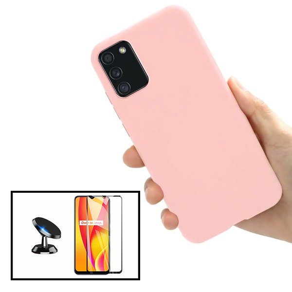 Kit Vidro Premium Full Cover + Capa Silicone Líquido + Suporte Magnético de Carro para Samsung Galaxy F02s - Rosa