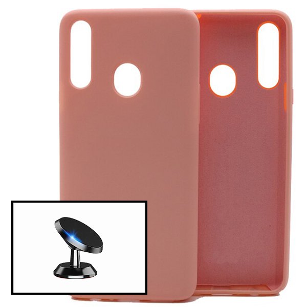 Kit Suporte Magnético de Carro + Capa Silicone Líquido para Samsung Galaxy A20s - Rosa